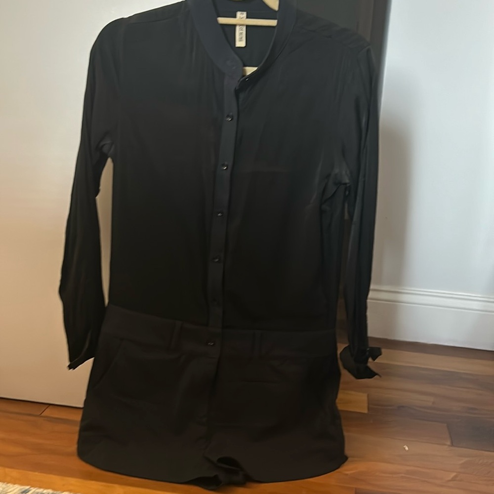 Tuxedo Style Button Down Shorts Romper - Black An… - image 1